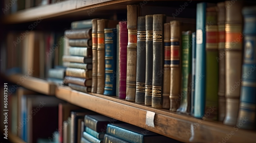 Books in Bookshelf, in public library. Generative Ai