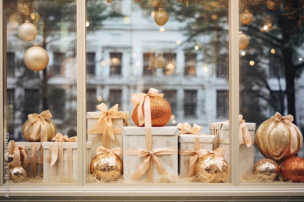 Festive and cozy Christmas store display with various decorations in traditional style.