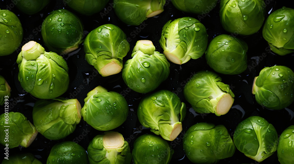 Fresh green brussels sprouts with water drops background. Vegetables backdrop. Generative AI