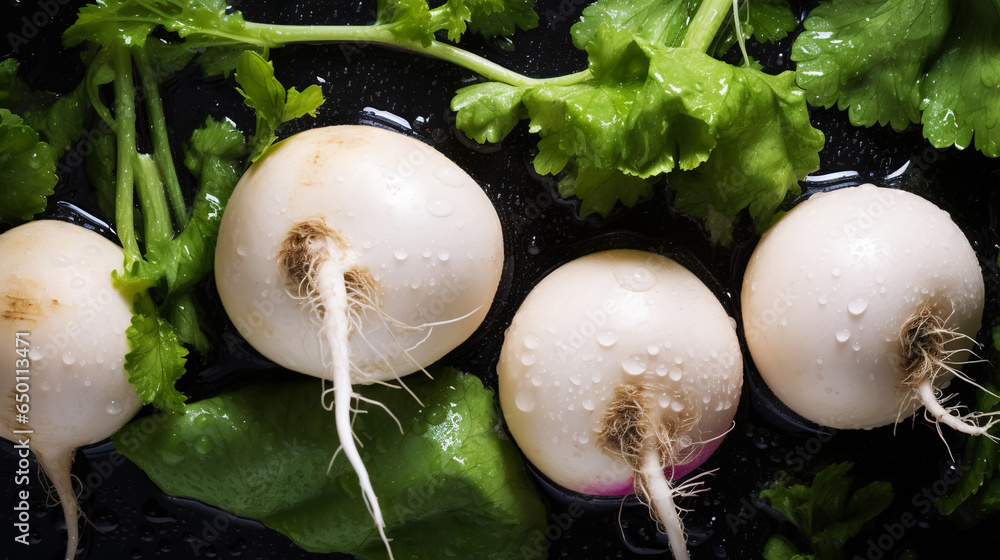 Fresh turnips with water drops background. Vegetables backdrop. Generative AI