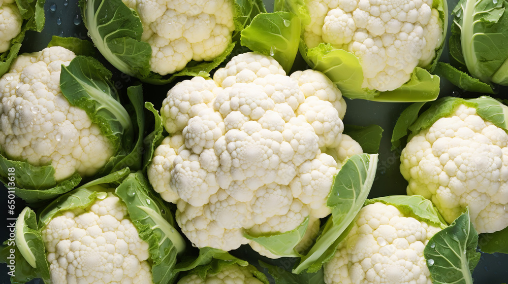 Fresh cauliflowers with water drops background. Vegetables backdrop. Generative AI