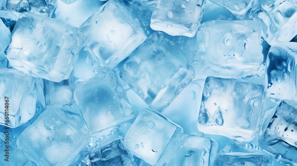 Ice cubes bluish background. Frozen water. Cold fresh concept. Generative AI