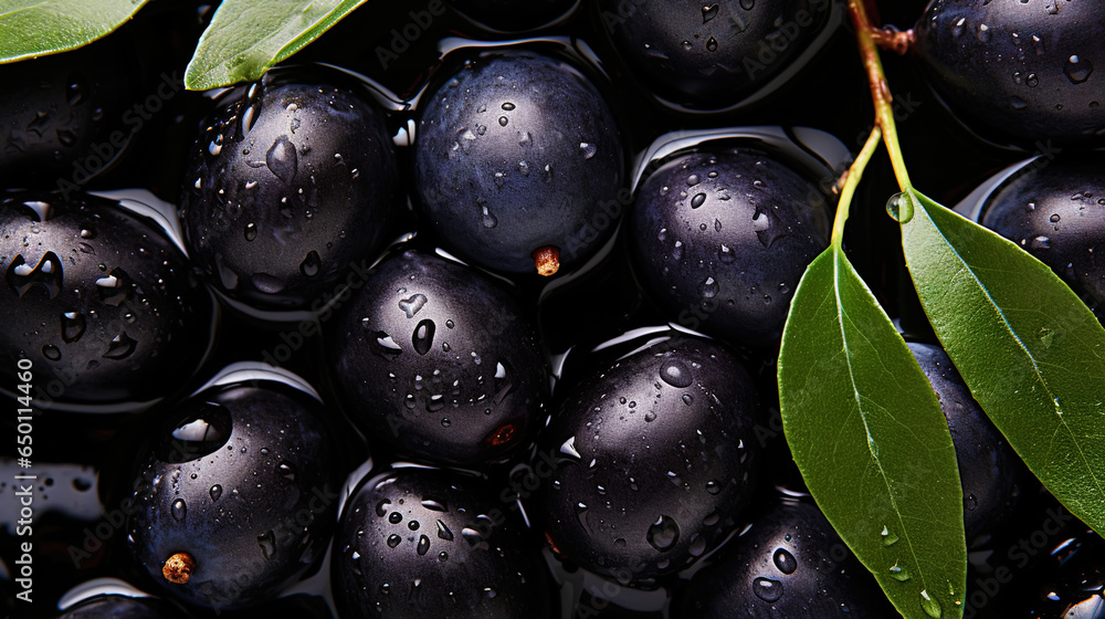 Black olives with leaves and water drops background. Vegetables backdrop. Generative AI