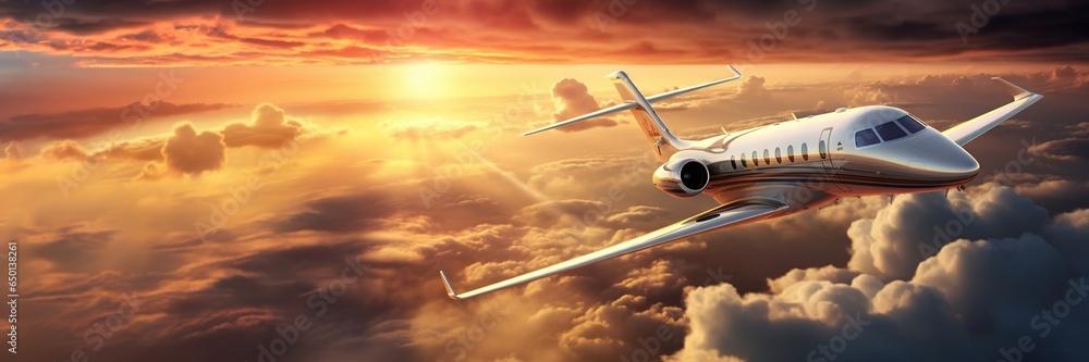 Luxury private jet flying above the clouds, beautiful sunset on background. Travel and airplane concept. Generative AI