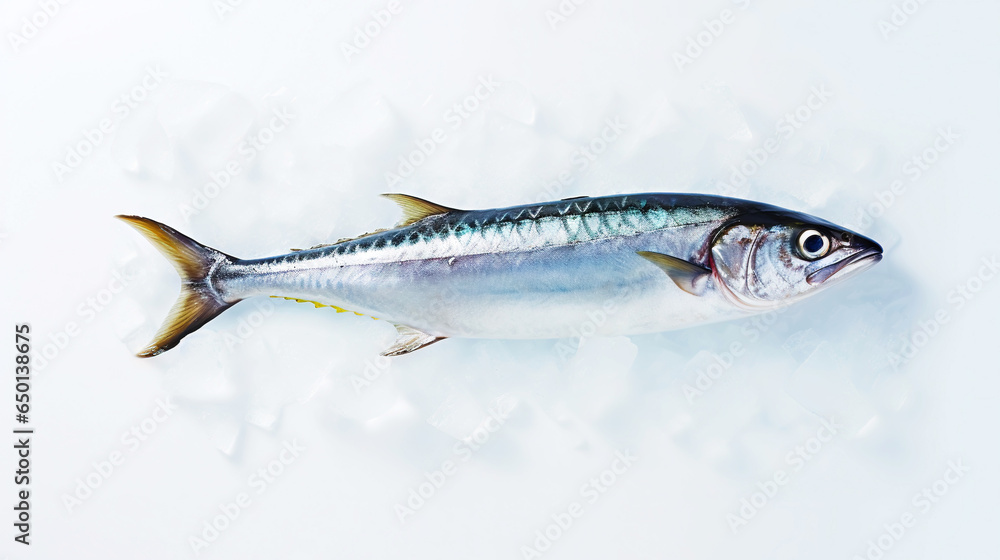 Fresh mackerel fish (Scomber scrombrus) on ice. Seafood background. Generative AI