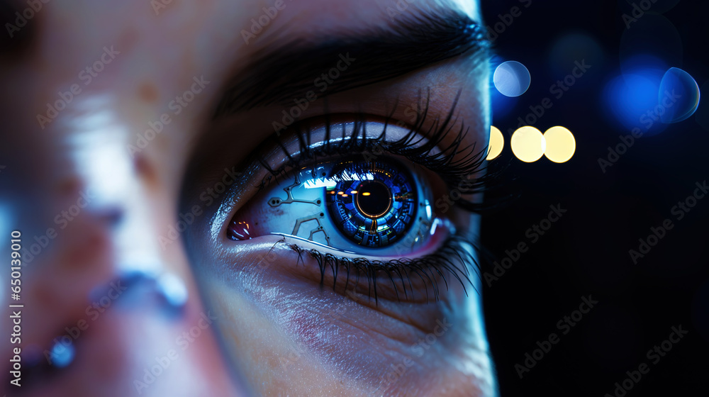 Female android robot eye close up. Digital iris of cyber woman. Bionic technology concept. Generative AI