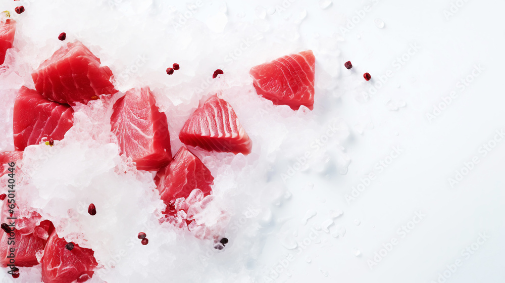 Slices of tuna fish on the ice cubes. Fresh fish fillet. Seafood background. Generative AI