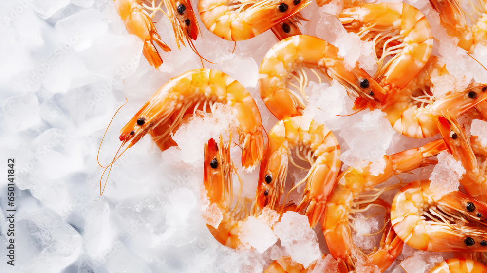 Top view of raw whole shrimps on ice. Seafood background. Generative AI