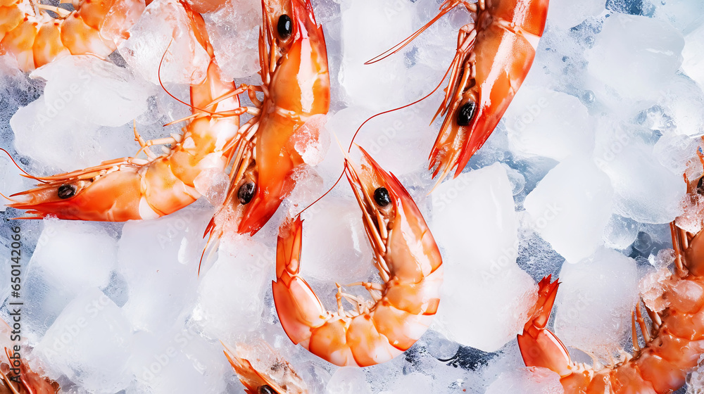 Top view of raw whole king prawns on ice. Seafood background. Generative AI