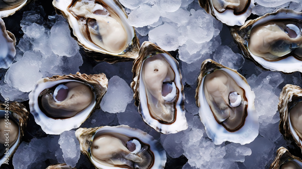 Top view on fresh oysters laying on crushed ice. Seafood background. Generative AI