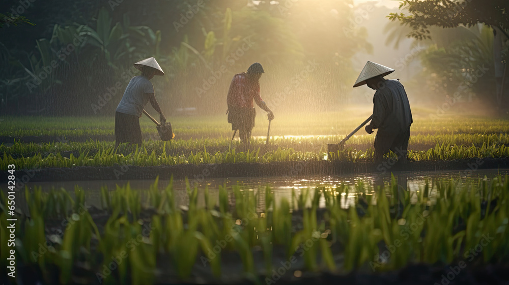 Asian farmers grow rice in the rainy season. Generative Ai