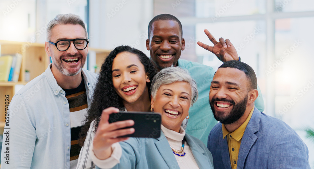 Creative people, selfie and team building in meeting for photo, memory or vlog at the office. Goofy, silly or humor group smile in teamwork for funny picture, social media or startup at the business