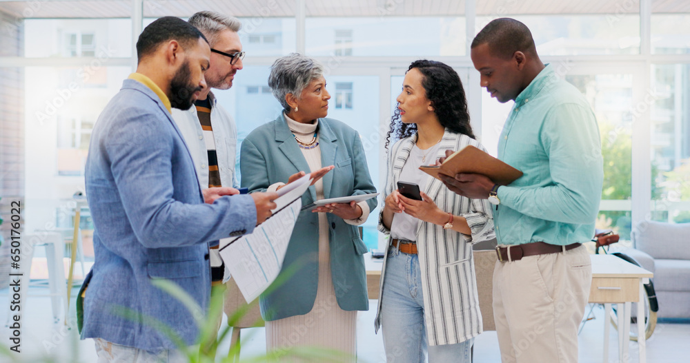 Collaboration discussion, tablet and business people, leader or team work on meeting report, results or project feedback. Cooperation, teamwork or office staff review research, design or startup plan