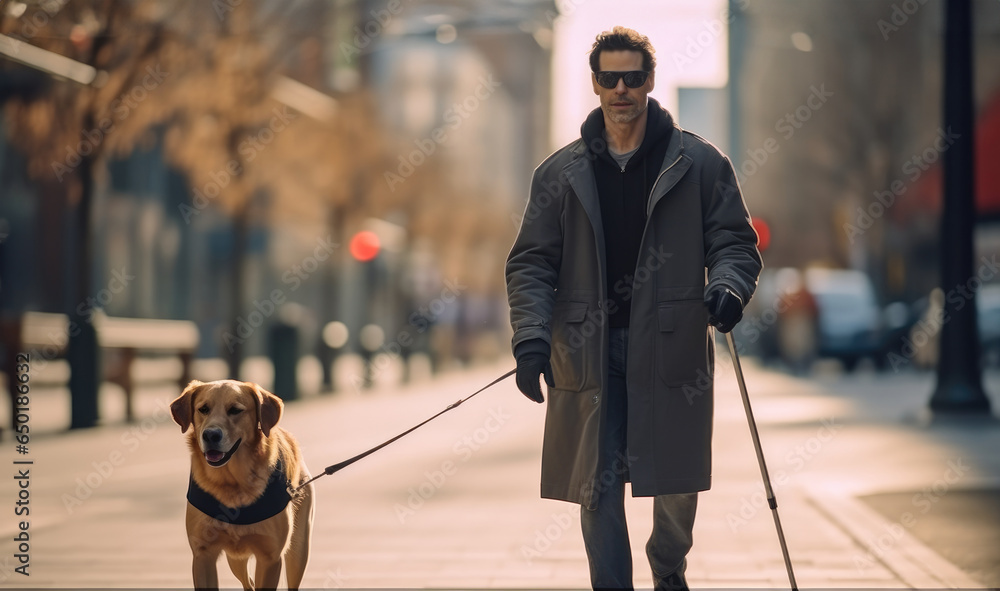 Blind handicapped guy person cane stick are walking with a guide dog on a city street.