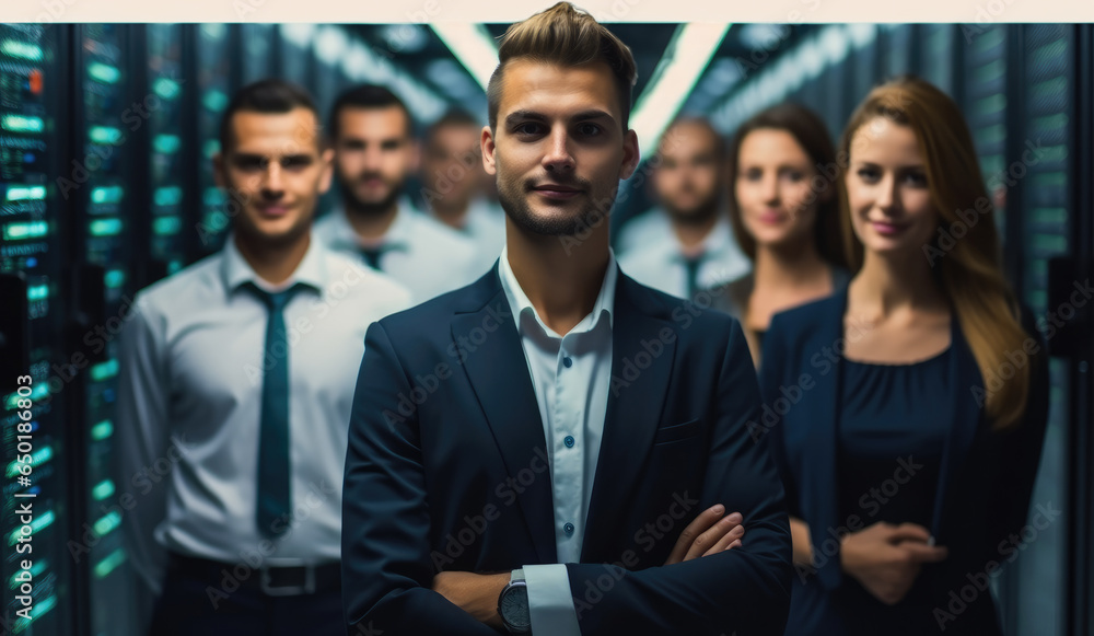 Group of people who work for technology standing in data center room with server equipment in the background.