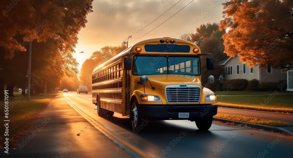 Yellow American school bus driving on city road, Back to school.