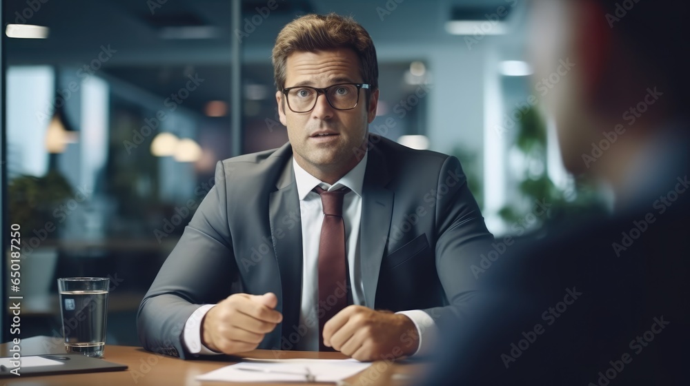 Male office worker with a suit currently interviewing for a job, Talking with the hiring manager in a modern office.