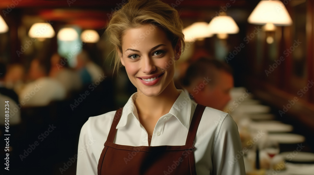 Beautiful young server waitress in restaurant, Luxury restaurant.