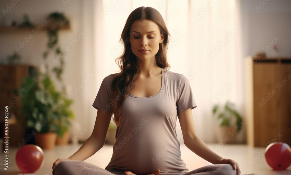 Beautiful young pregnant woman doing yoga and meditation in living room at home.