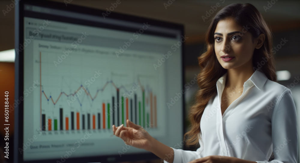 Beautiful young Indian businesswoman holding presentation of growth concept idea in front of shareholders in meeting office.