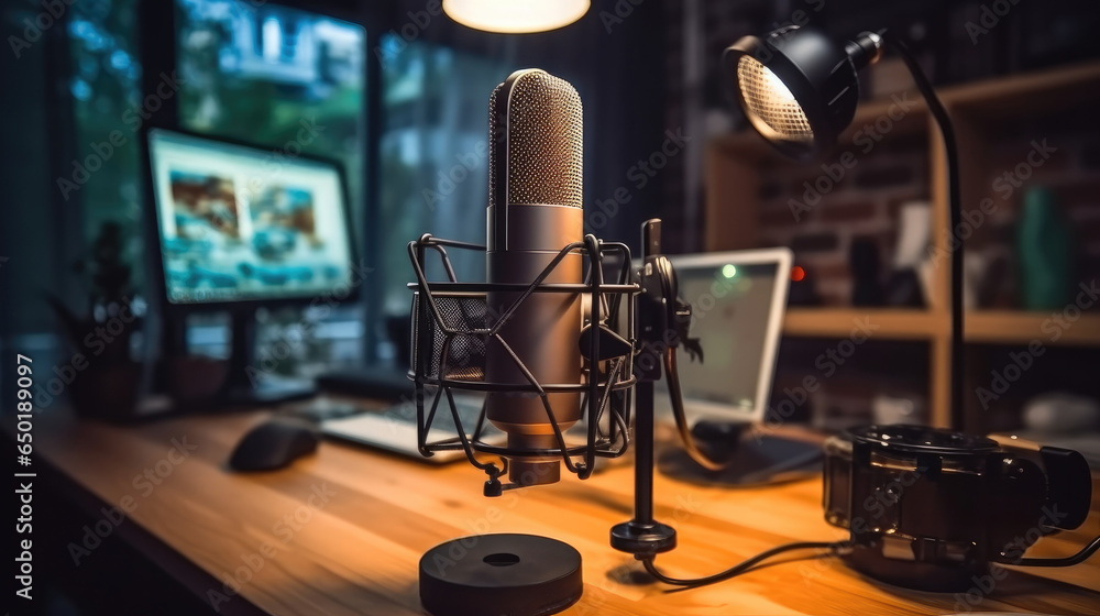 Modern podcast studio room with microphone and laptop pc, Other devices and gadgets.