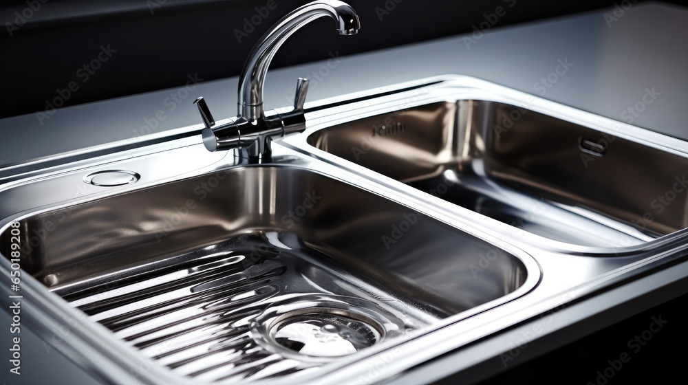 Stainless steel shiny perfectly clean sink at kitchen,