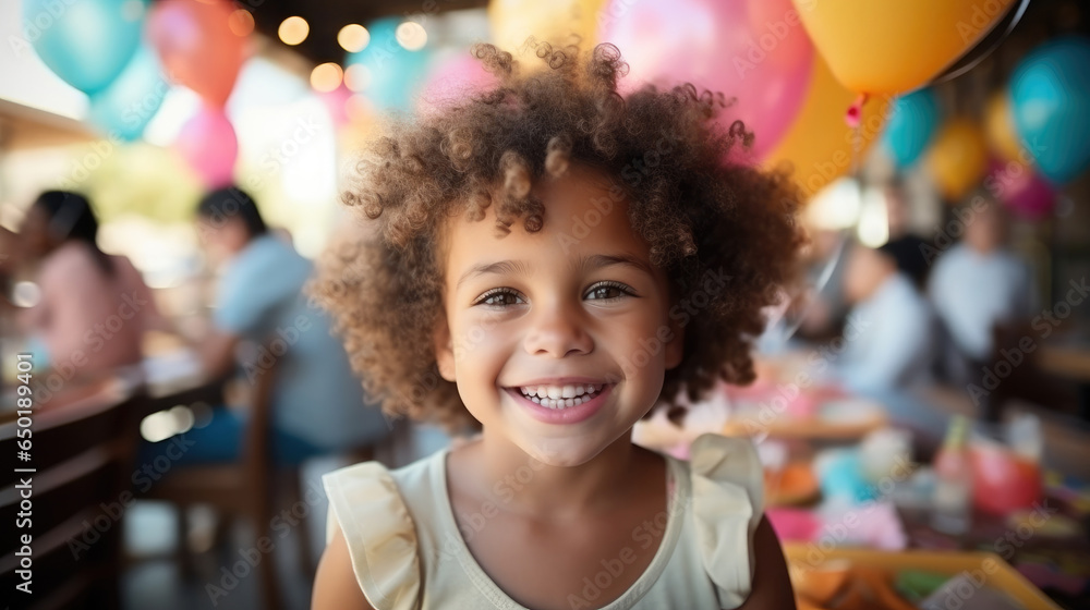 Little girl celebrating birthday at a birthday party against colorful balloons background.