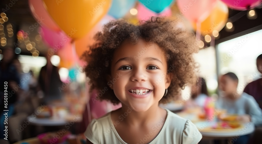 Little girl celebrating birthday at a birthday party against colorful balloons background.