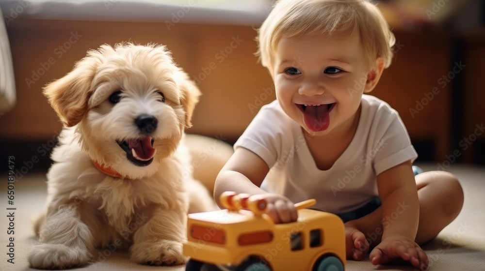 Little young baby playing with his dog puppy and car toys at home.