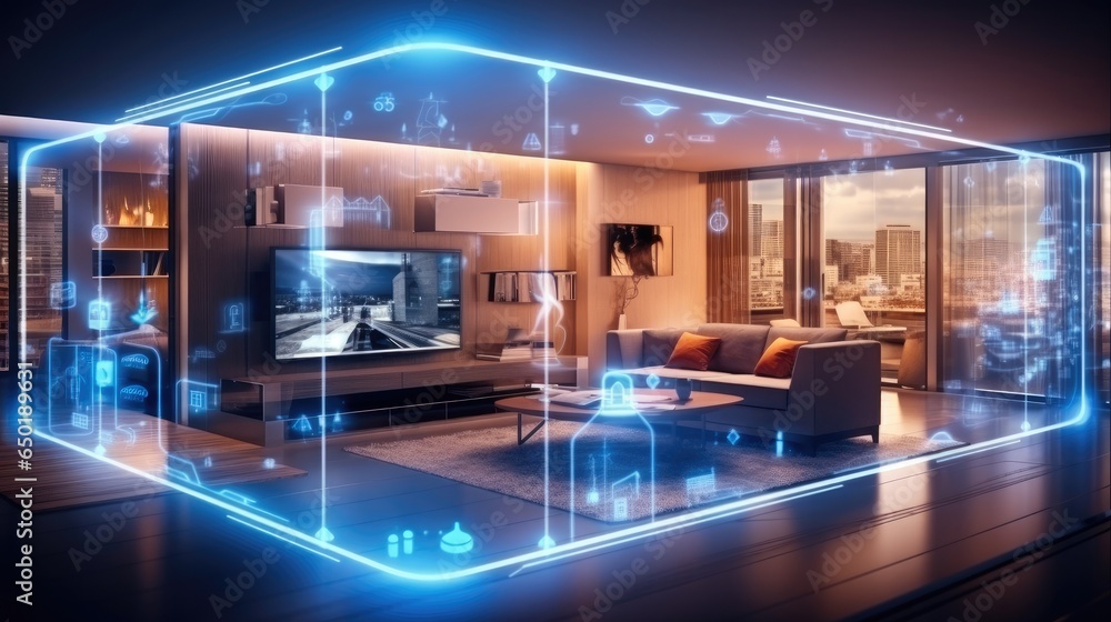 Modern house with digital holographic artificial intelligence (ai) smart technology.