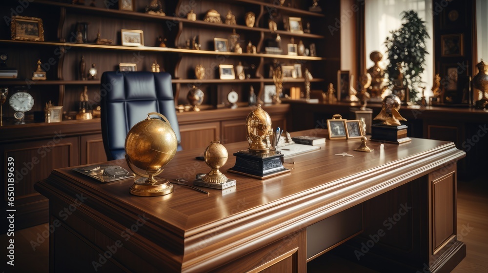 Empty luxury desk with sports trophies in business office.