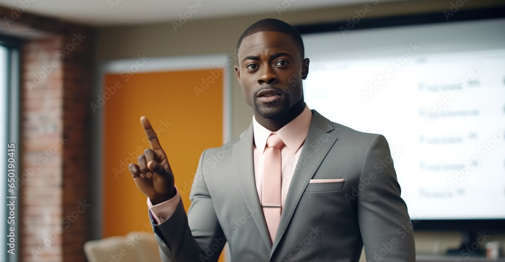 African American businessman manager holding presentation of growth concept idea in front of shareholders in meeting office.