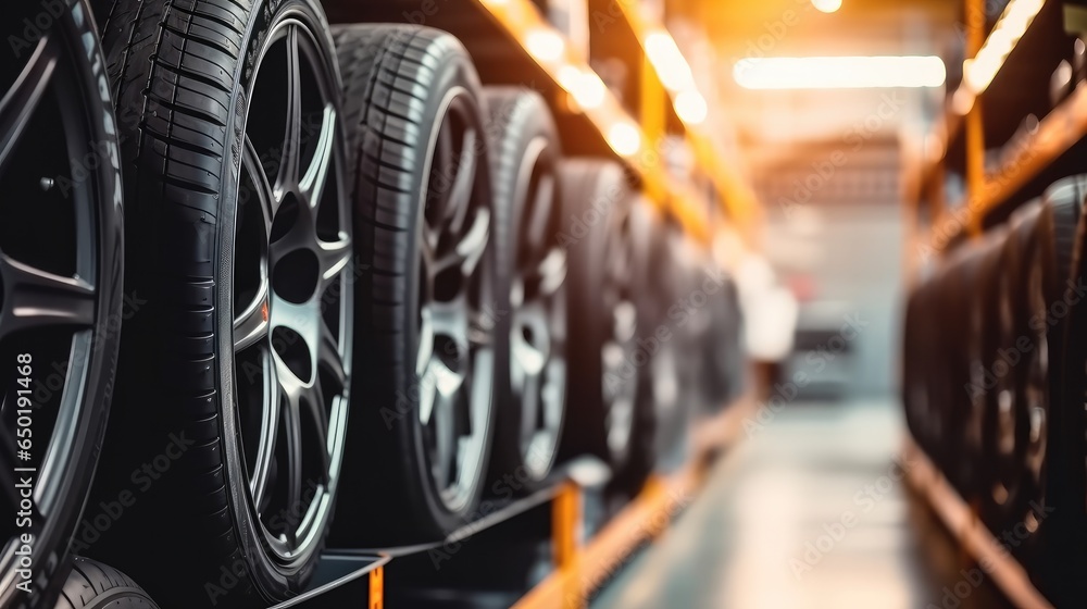 New tire car on storage shelf at warehouse in auto garage workshop for sale.