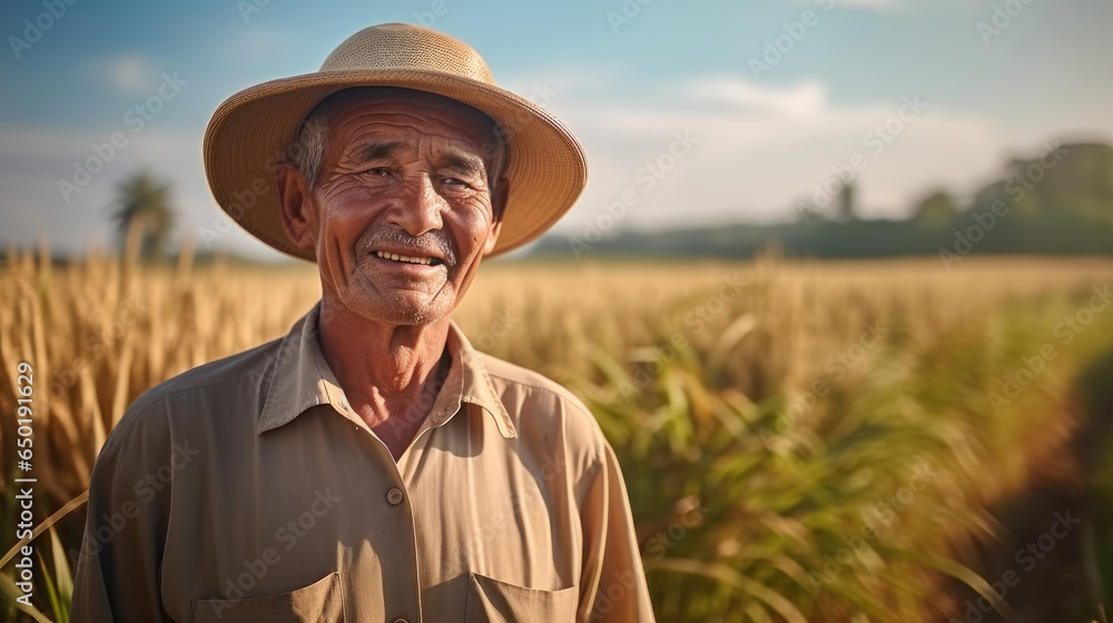 Portrait of old Asian farmer man standing on a wheat grass field.