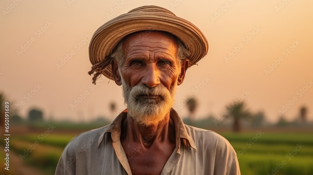 Old asian farmer man standing on agricultural area.