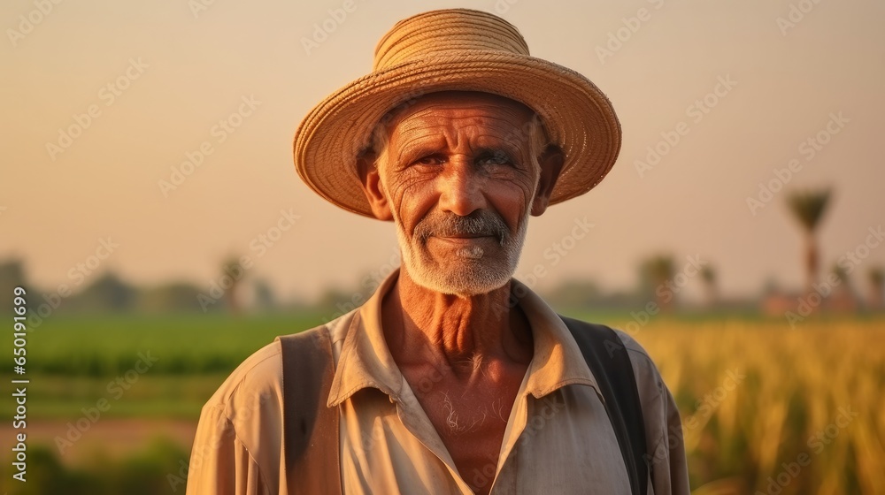 Old asian farmer man standing on agricultural area.