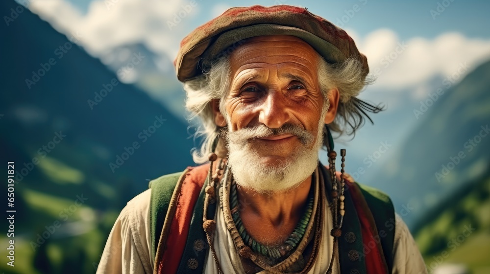 Old man standing on mountains with herd of cows.