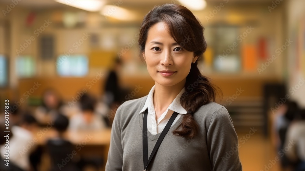 Portrait of beautiful adult Asian school teacher in the classroom.