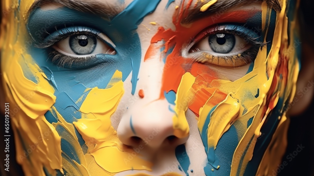 Portrait of a beautiful woman with painted face blue and yellow colors on her face.