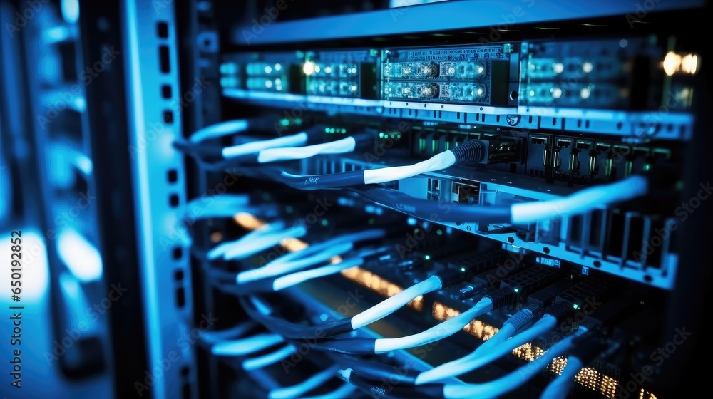 Internet cables and wires in server room with switch in company on the development of a quantum computer, Network background.