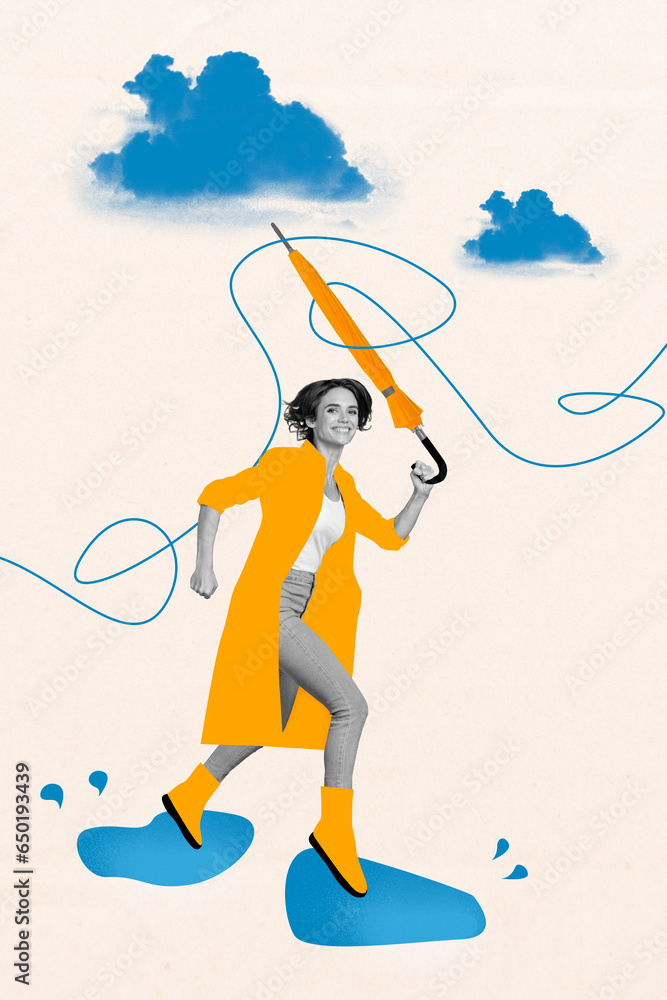 Vertical creative composite artwork 3d photo collage of beautiful happy girl running hold umbrella isolated on white color background