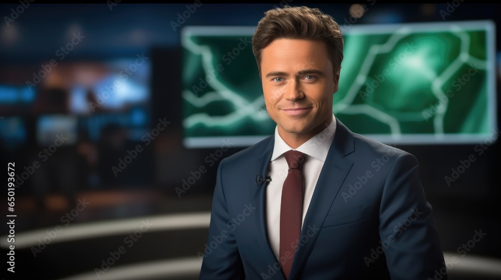 Newsreaders In Television Studio, Live stream broadcast on television.