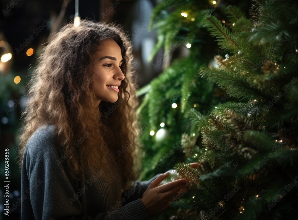 Beautiful woman smelling christmas tree at holiday shop