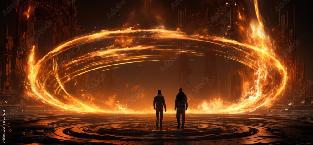 Two men walking in a circle with flame on black background