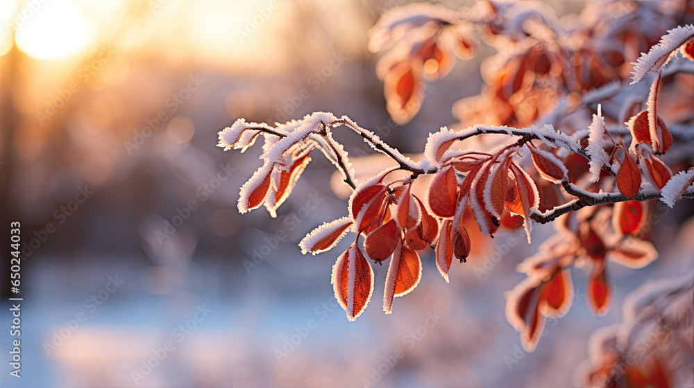 Frozen red leaves from a tree in winter