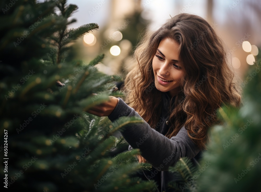 Beautiful woman smelling christmas tree at holiday shop