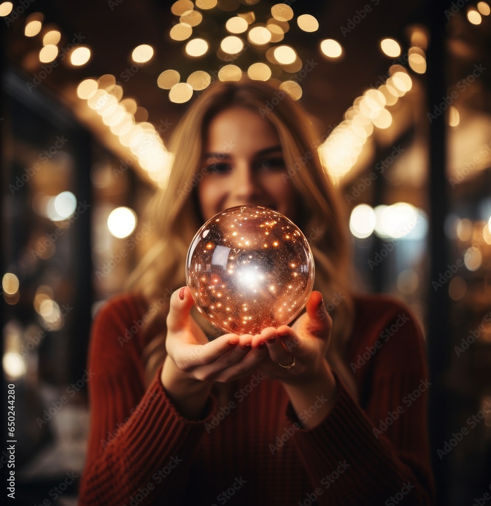 Happy woman holding a sparkling christmas ball in her hands