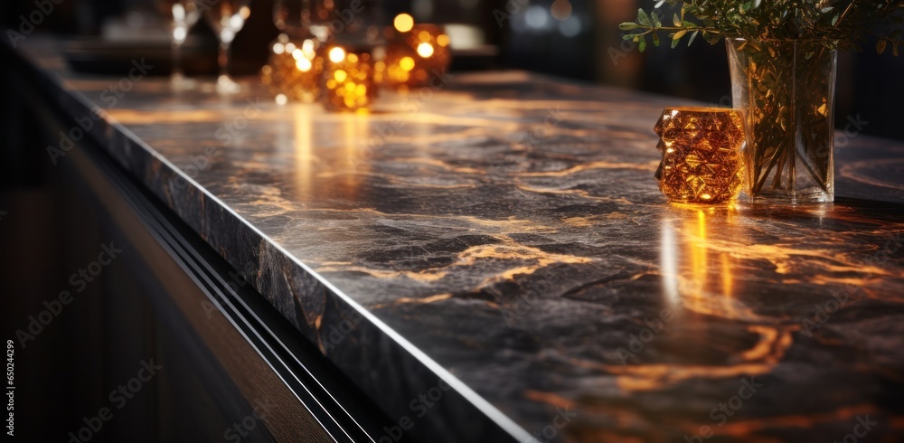 Marble countertop with lamp in dark hallway