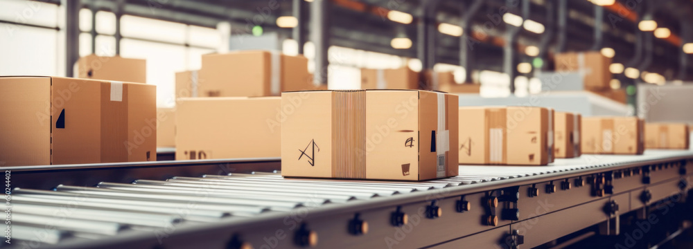 Cardboard box packages warehouse fulfillment, distribution conveyor system products stored, start-up, small business owner, product for delivery to customer, online selling, e-commerce, packing