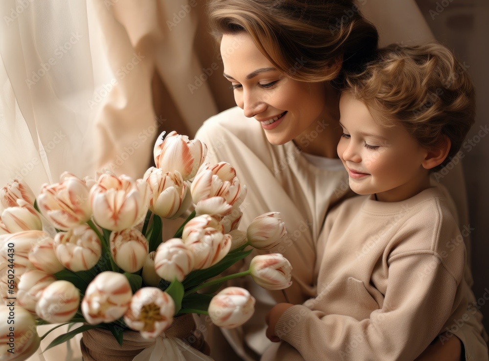 Mother with son with flowers